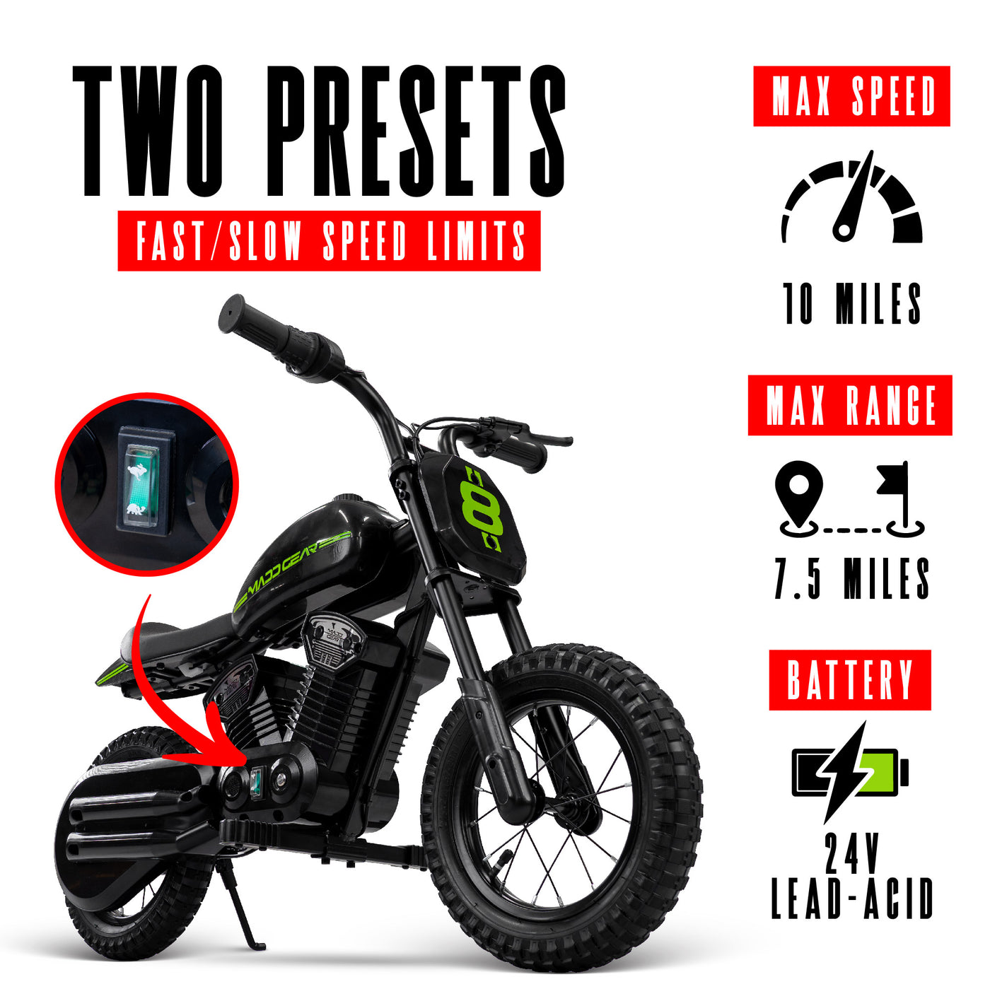 MG Madd Gear Mini Electric Dirt Bike Dual Speed 10 Miles 7.5 Range 24V Battery Razor Black Green Boys Girls Children