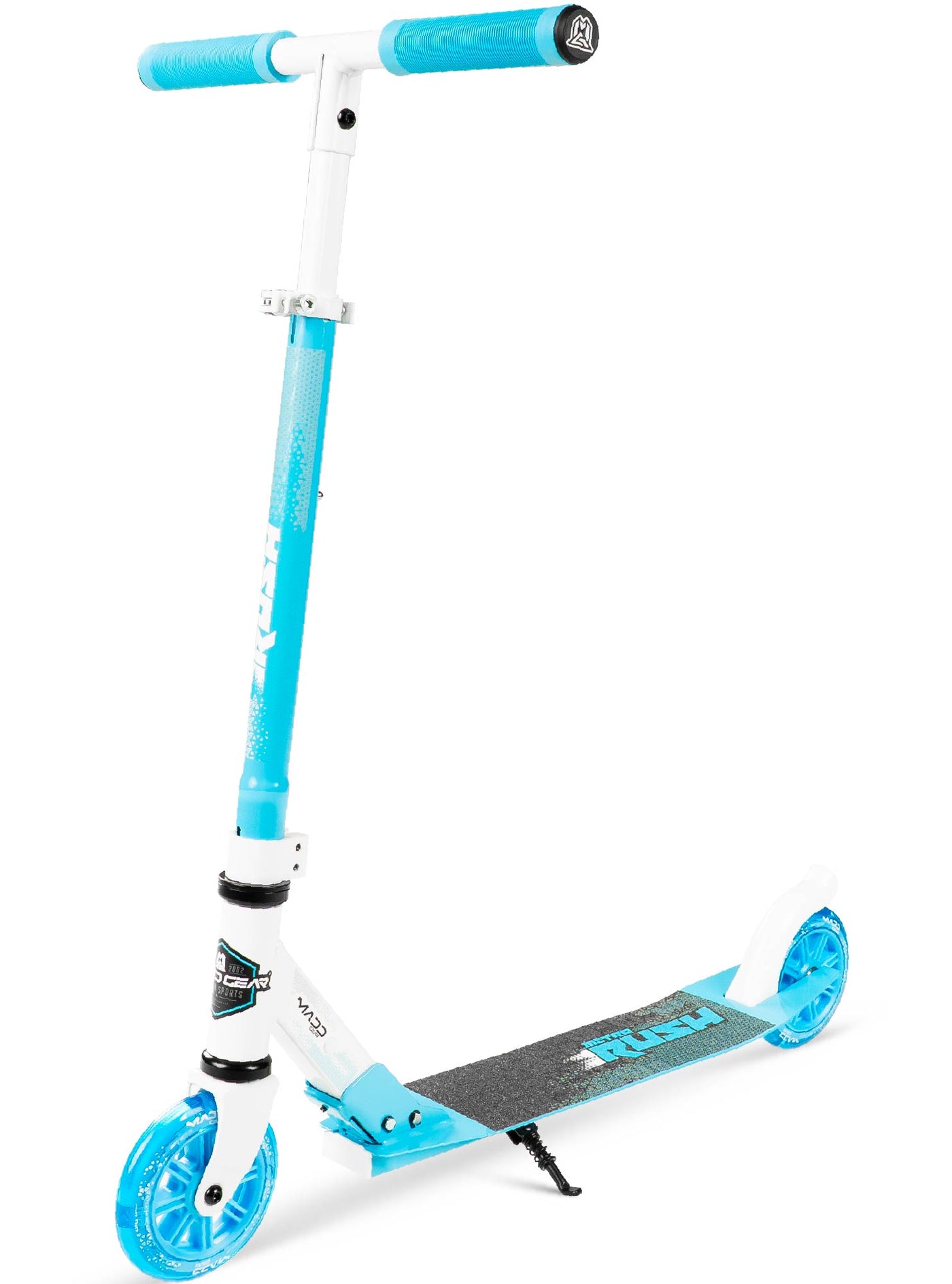 madd gear kids folding scooter metro rush 125 childrens portable lightweight adjustable collapsible fold-up blue white