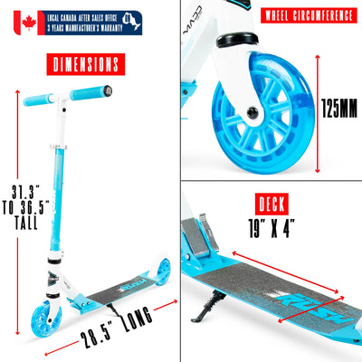 Rush 125 Madd Gear MG Collapsible Fold-Up Scooter Height Adjustable White Blue 125mm Wheels