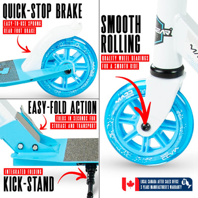 MG Madd Gear Rush 125 Commuter Smooth Rolling Scooter Boys Girls Kids Teens Adults Folding Foldable Smooth Rolling White Blue