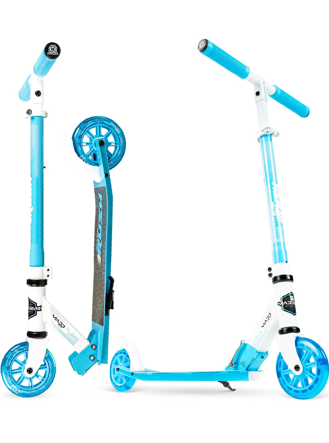 madd gear kids folding scooter metro rush 125 childrens portable lightweight adjustable collapsible fold-up blue white