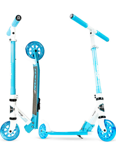 madd gear kids folding scooter metro rush 125 childrens portable lightweight adjustable collapsible fold-up blue white