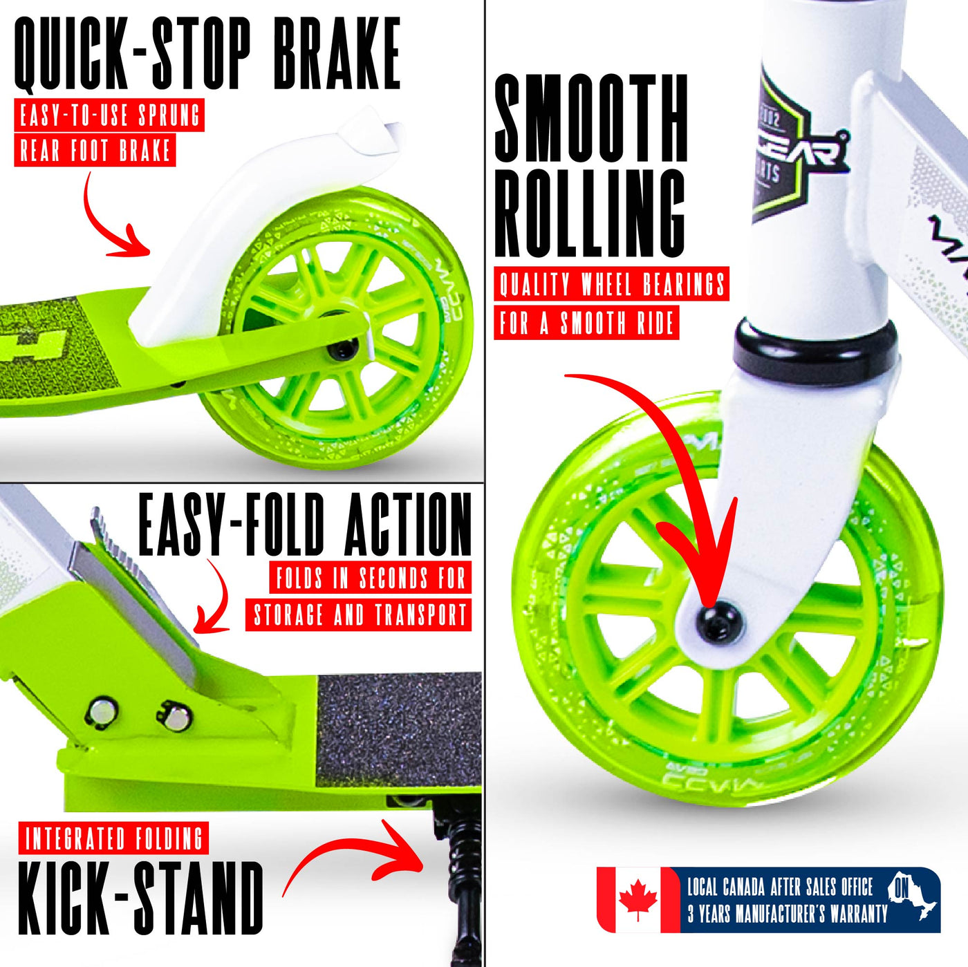 MG Madd Gear Rush 125 Commuter Smooth Rolling Scooter Boys Girls Kids Teens Adults Folding Foldable Smooth Rolling White Green