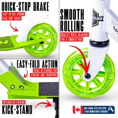 MG Madd Gear Rush 125 Commuter Smooth Rolling Scooter Boys Girls Kids Teens Adults Folding Foldable Smooth Rolling White Green