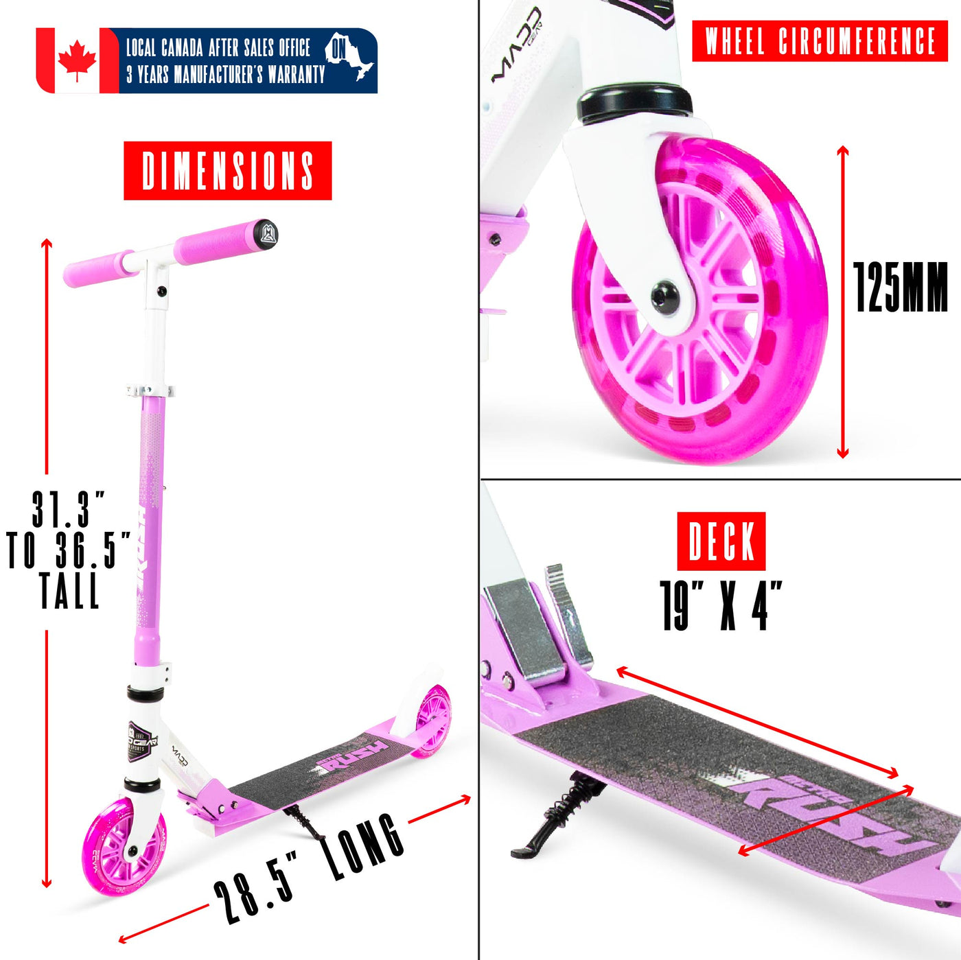 Rush 125 Madd Gear MG Collapsible Fold-Up Scooter Height Adjustable White Purple 125mm Wheels