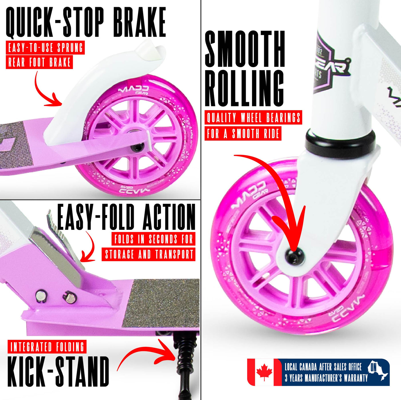 MG Madd Gear Rush 125 Commuter Smooth Rolling Scooter Boys Girls Kids Teens Adults Folding Foldable Smooth Rolling White Purple