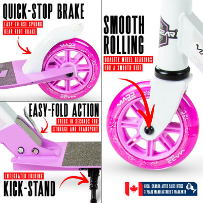 MG Madd Gear Rush 125 Commuter Smooth Rolling Scooter Boys Girls Kids Teens Adults Folding Foldable Smooth Rolling White Purple