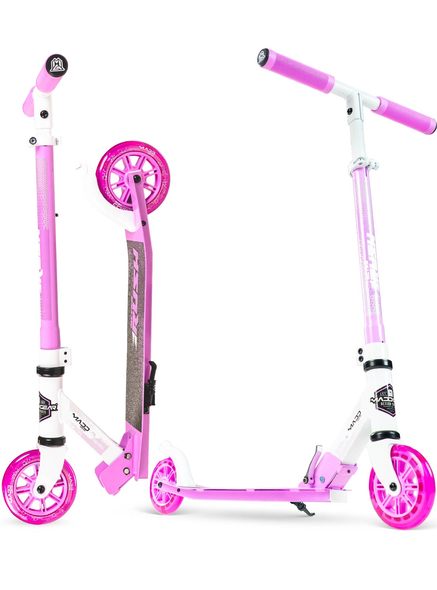 madd gear kids folding scooter metro rush 125 childrens portable lightweight adjustable collapsible fold-up purple white
