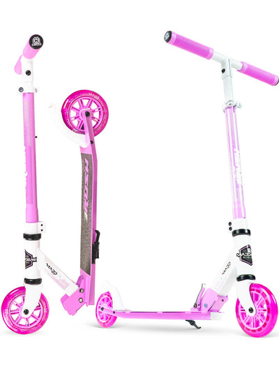 madd gear kids folding scooter metro rush 125 childrens portable lightweight adjustable collapsible fold-up purple white