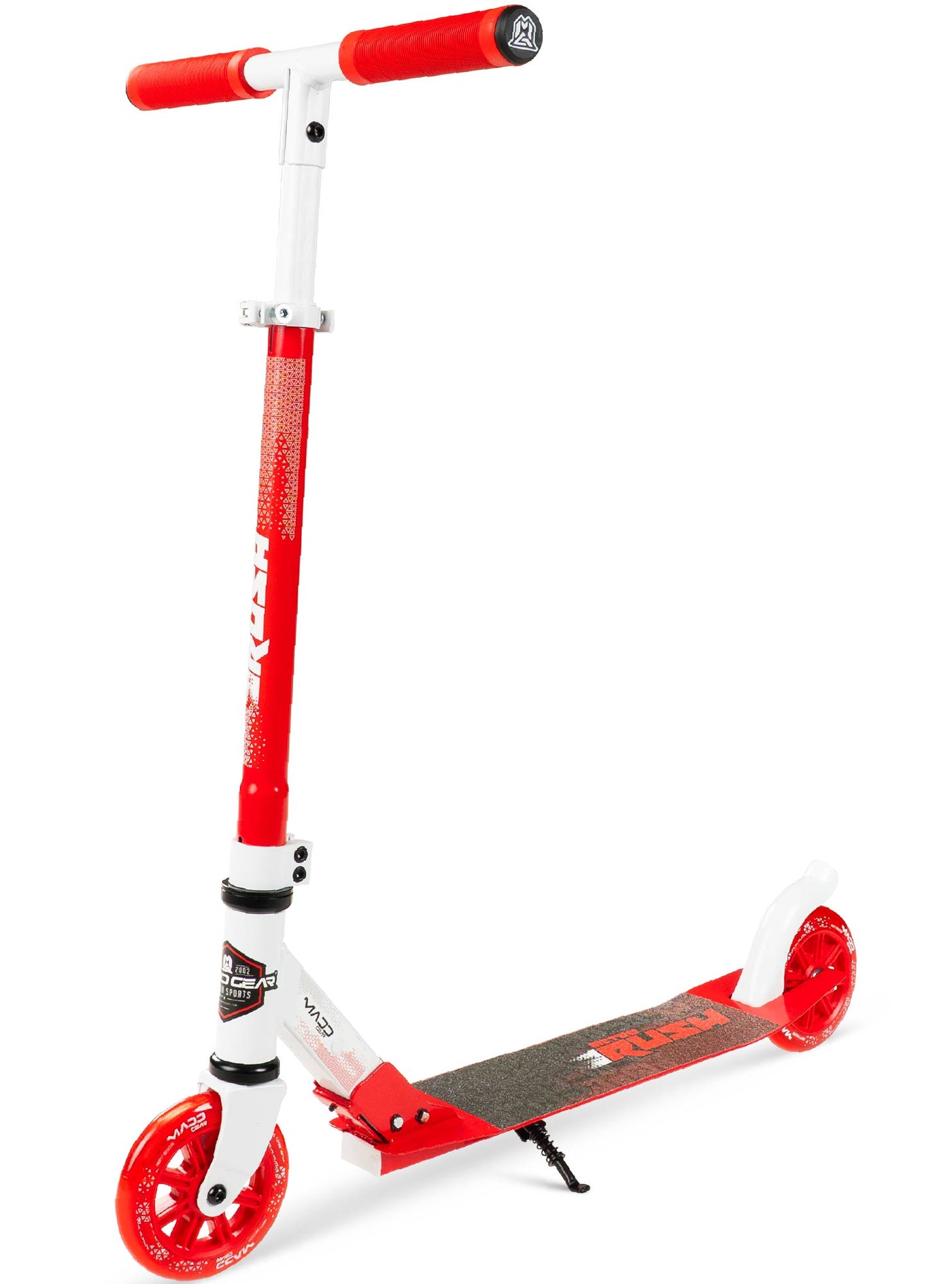 madd gear kids folding scooter metro rush 125 childrens portable lightweight adjustable collapsible fold-up red white