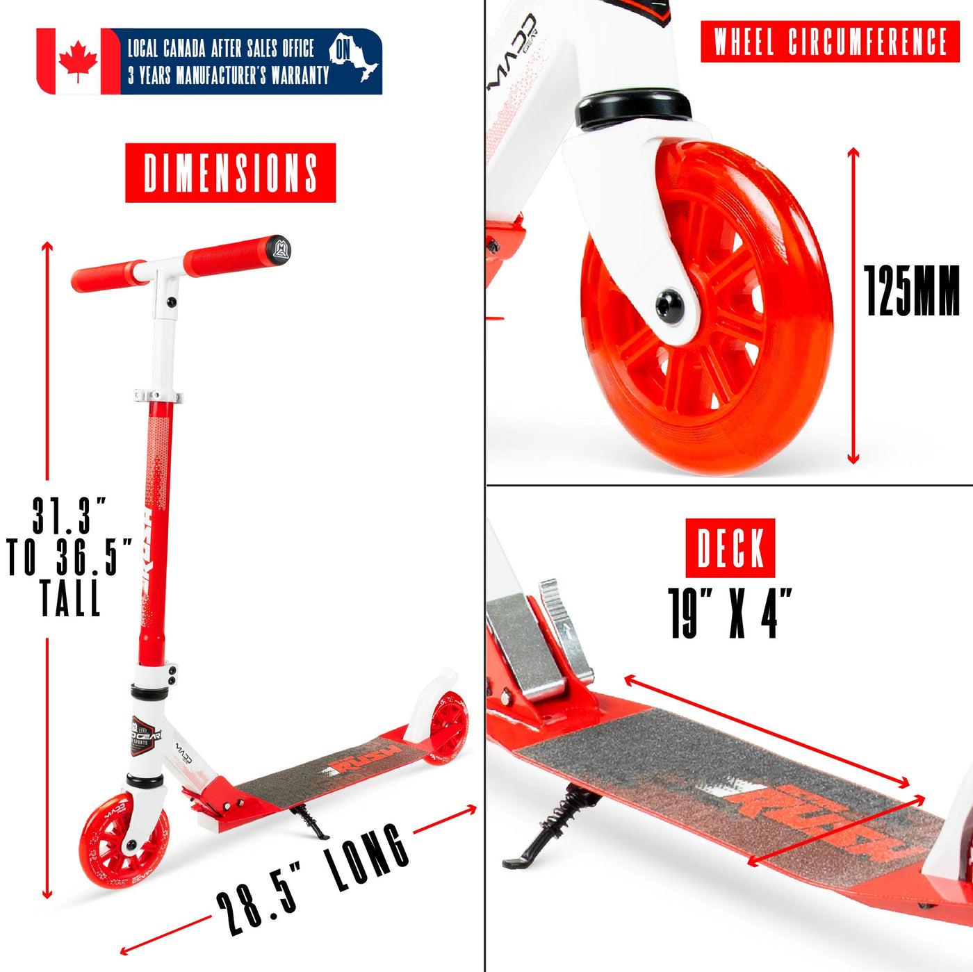 Rush 125 Madd Gear MG Collapsible Fold-Up Scooter Height Adjustable White Red 125mm Wheels