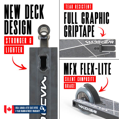 MG1 Raven Pro Scooter - Black Black, featuring a sleek design with a durable aluminum deck and sturdy steel handlebars, ideal for skatepark stunt riding.