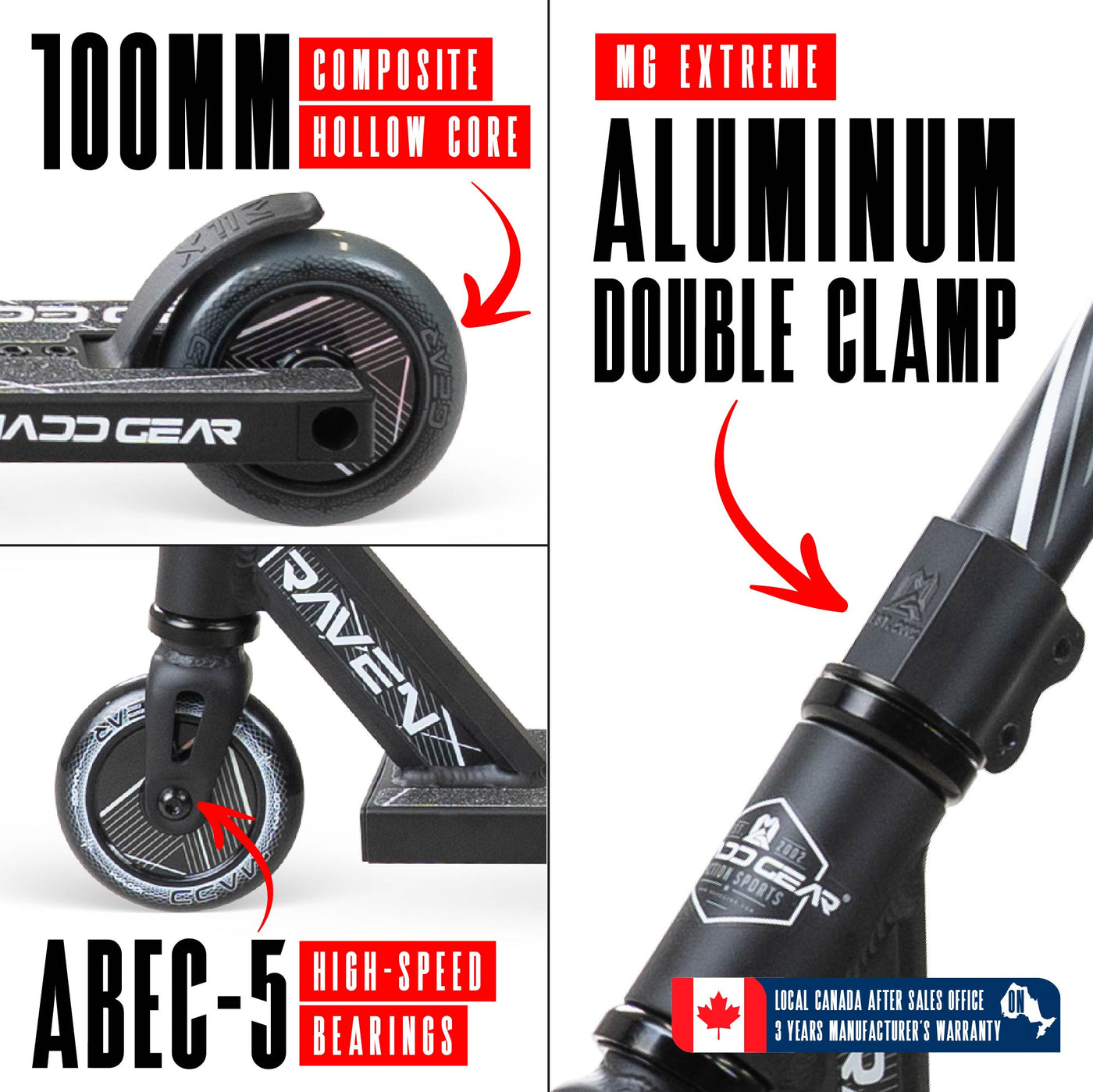 MG1 Raven Pro Scooter - Black with handlebar and durable wheels, ideal for skatepark stunts, featuring a sturdy aluminum deck and steel handlebar for kids 5+.