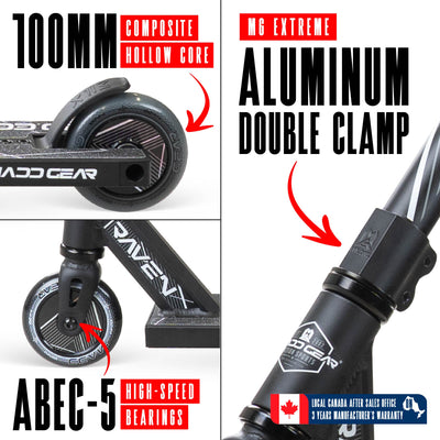 MG1 Raven Pro Scooter - Black with handlebar and durable wheels, ideal for skatepark stunts, featuring a sturdy aluminum deck and steel handlebar for kids 5+.