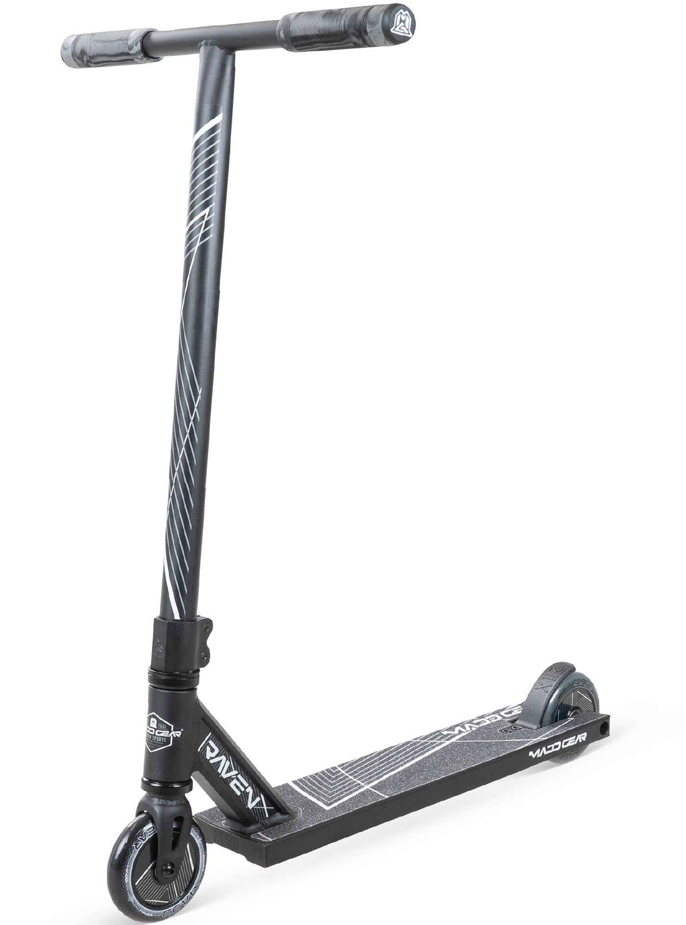 MG1 Raven Pro Scooter - Black Black with durable aluminum deck, steel handlebar, and 100mm wheels, designed for stunt riding at skateparks.