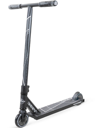 MG1 Raven Pro Scooter - Black Black with durable aluminum deck, steel handlebar, and 100mm wheels, designed for stunt riding at skateparks.