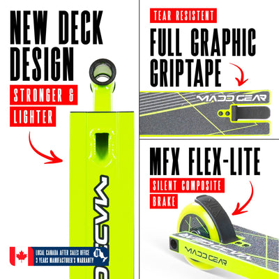 MG1 Raven Pro Scooter - Green Black, featuring a sleek design with a durable aluminum deck and sturdy steel handlebars, ideal for skatepark stunt riding.