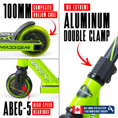MG1 Raven Pro Scooter - Green with handlebar and durable wheels, ideal for skatepark stunts, featuring a sturdy aluminum deck and steel handlebar for kids 5+.