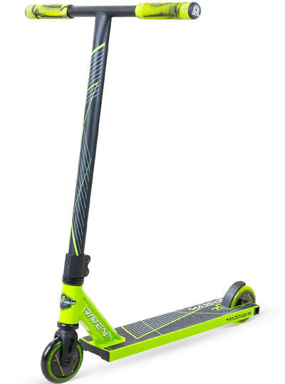MG1 Raven Pro Scooter - Green Black featuring durable frame, black and green handlebar, and smooth 100mm wheels, ideal for kids mastering skatepark tricks.