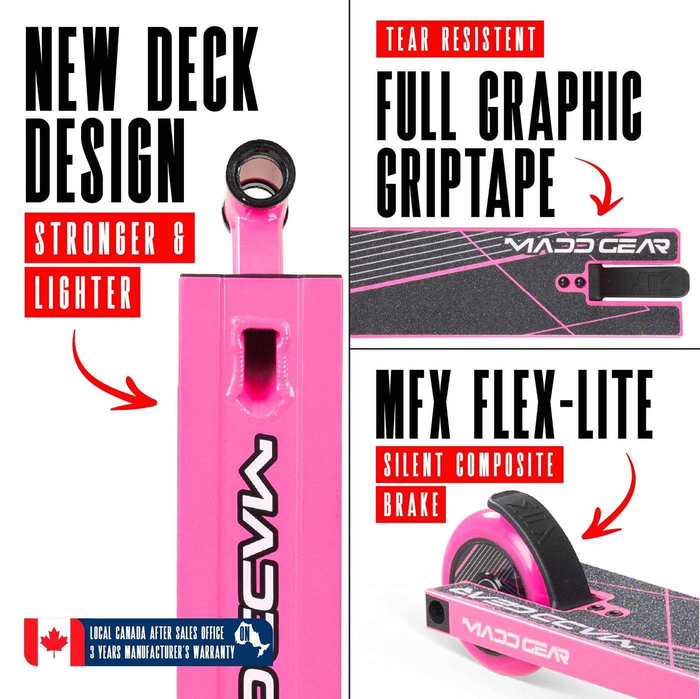 MG1 Raven Pro Scooter - Pink Black, featuring a robust aluminum deck, steel handlebar, and durable wheels, perfect for young skaters mastering skatepark tricks.