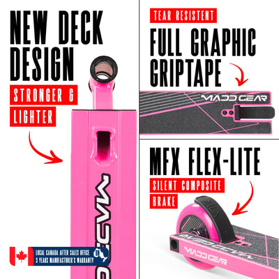 MG1 Raven Pro Scooter - Pink Black, featuring a robust aluminum deck, steel handlebar, and durable wheels, perfect for young skaters mastering skatepark tricks.