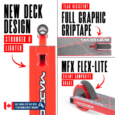 MG1 Raven Pro Scooter - Red Black, featuring a sleek design with a durable aluminum deck and sturdy steel handlebars, ideal for skatepark stunt riding.