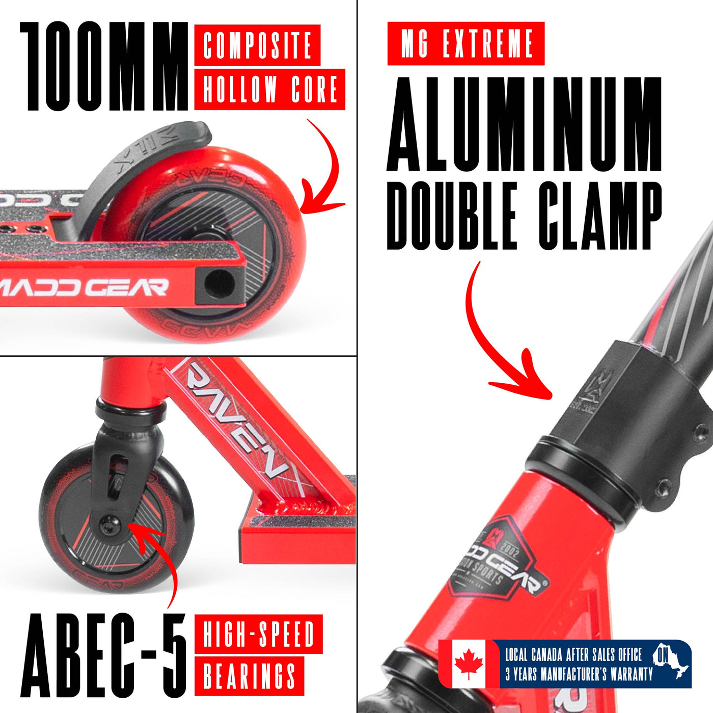 MG1 Raven Pro Scooter - Red with handlebar and durable wheels, ideal for skatepark stunts, featuring a sturdy aluminum deck and steel handlebar for kids 5+.