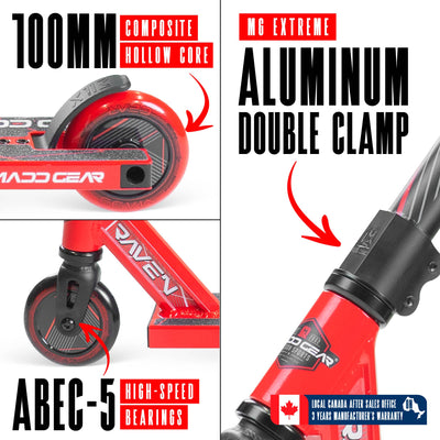 MG1 Raven Pro Scooter - Red with handlebar and durable wheels, ideal for skatepark stunts, featuring a sturdy aluminum deck and steel handlebar for kids 5+.