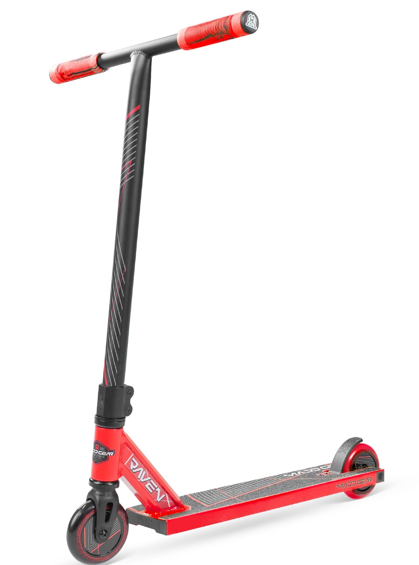 MG1 Raven Pro Scooter - Red Black with durable aluminum deck, steel handlebar, and 100mm wheels, designed for stunt riding at skateparks.
