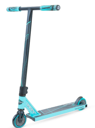 MG1 Raven Pro Scooter - Teal Black with durable aluminum deck, steel handlebar, and 100mm wheels, designed for stunt riding at skateparks.