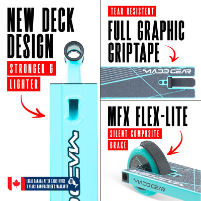 MG1 Raven Pro Scooter - Teal Black, featuring a sleek design with a durable aluminum deck and sturdy steel handlebars, ideal for skatepark stunt riding.