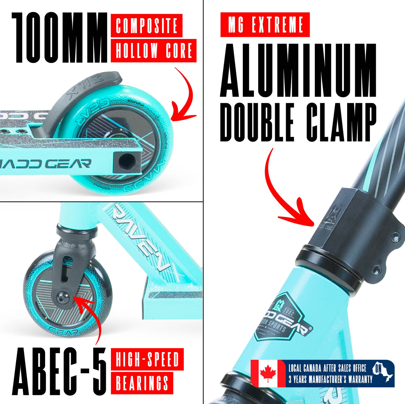 MG1 Raven Pro Scooter - Teal with handlebar and durable wheels, ideal for skatepark stunts, featuring a sturdy aluminum deck and steel handlebar for kids 5+.