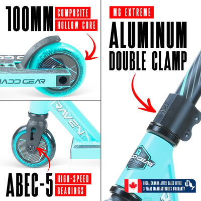 MG1 Raven Pro Scooter - Teal with handlebar and durable wheels, ideal for skatepark stunts, featuring a sturdy aluminum deck and steel handlebar for kids 5+.