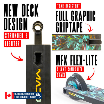 MG2 Obsidian Pro Scooter - DJ Rilla with sturdy aluminum deck, strong steel handlebar, yellow wheels, and blue handles for skatepark stunts.