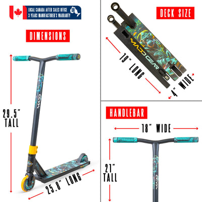 MG2 Obsidian Pro Scooter - DJ Rilla with a sturdy handlebar and durable wheels, designed for kids 5+ to perform stunts at skateparks.