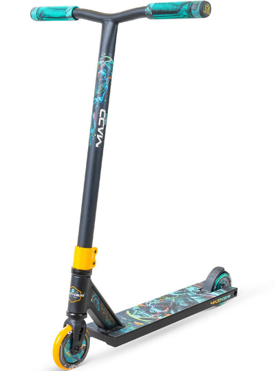 MG2 Obsidian Pro Scooter - DJ Rilla featuring a sturdy handlebar and durable wheels, perfect for kids mastering skatepark stunts and tricks.