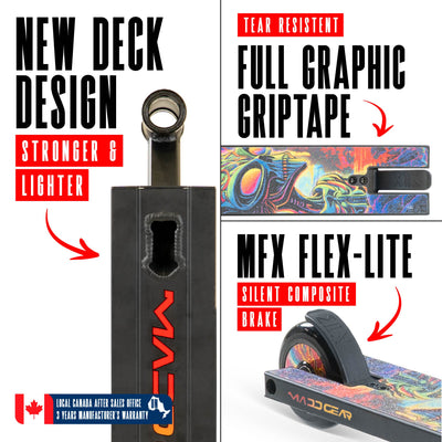 MG2 Obsidian Pro Scooter - Frenzy, featuring a sturdy aluminum deck, steel handlebar, and smooth 100mm wheels for skatepark stunts.