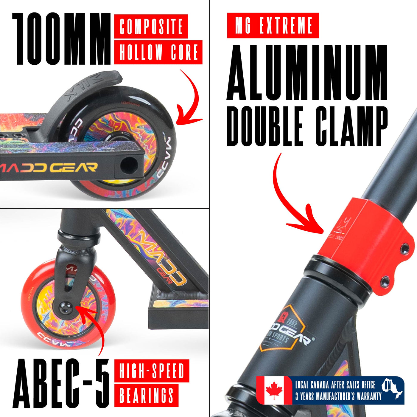 MG2 Obsidian Pro Scooter - Frenzy: Black and red design with aluminum deck, steel handlebar, and 100mm wheels; ideal for skatepark stunts.