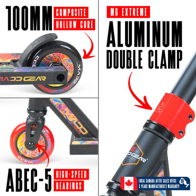 MG2 Obsidian Pro Scooter - Frenzy: Black and red design with aluminum deck, steel handlebar, and 100mm wheels; ideal for skatepark stunts.