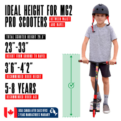 MG2 Obsidian Pro Scooter - Frenzy with high-quality aluminum deck, sturdy steel handlebar, and durable wheels for skatepark stunts.