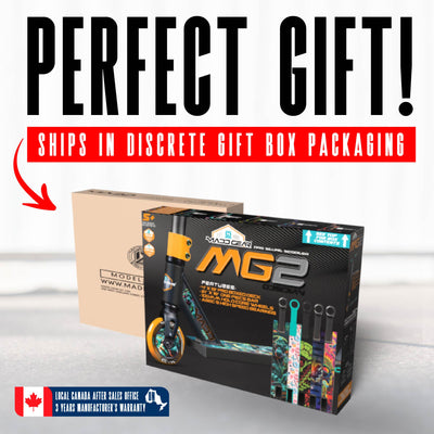 MG2 Obsidian Pro Scooter - Frenzy with durable aluminum deck and steel handlebar, designed for skatepark stunts, featuring composite wheels and ABEC-5 bearings.