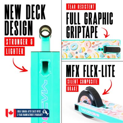 MG2 Obsidian Pro Scooter - Sugar Rush, featuring a sturdy aluminum deck, steel handlebar, and smooth 100mm wheels for skatepark stunts.