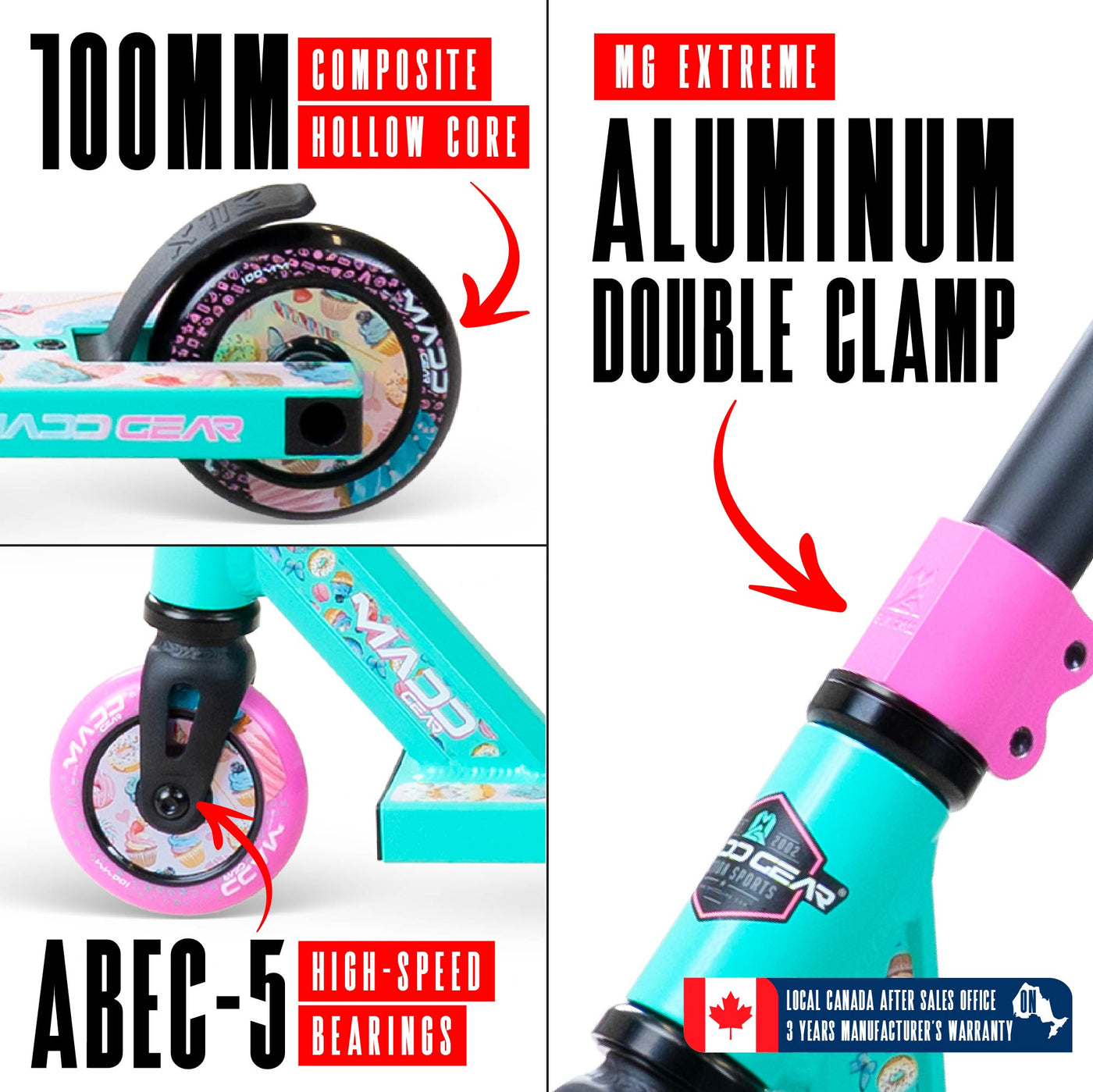 MG2 Obsidian Pro Scooter - Sugar Rush: Black and pink design with aluminum deck, steel handlebar, and 100mm wheels; ideal for skatepark stunts.