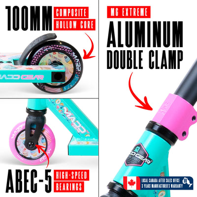 MG2 Obsidian Pro Scooter - Sugar Rush: Black and pink design with aluminum deck, steel handlebar, and 100mm wheels; ideal for skatepark stunts.
