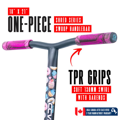 MG2 Obsidian Pro Scooter - Sugar Rush: Black and pink design with aluminum deck, steel handlebar, and 100mm wheels; ideal for skatepark stunts.