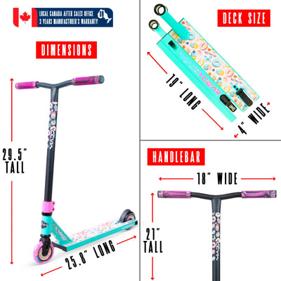 MG2 Obsidian Pro Scooter - Sugar Rush features a sturdy aluminum deck, steel handlebar, and smooth 100mm wheels, ideal for skatepark stunts.