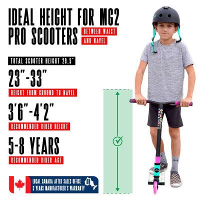MG2 Obsidian Pro Scooter - Sugar Rush with sturdy handlebars and wheels, designed for kids 5+ to perform stunts at skateparks.