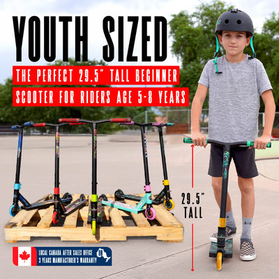 MG2 Obsidian Pro Scooter - Sugar Rush with durable aluminum deck and steel handlebar, designed for skatepark stunts, featuring composite wheels and ABEC-5 bearings.