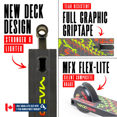MG2 Obsidian Pro Scooter - Venom, featuring a sturdy aluminum deck and steel handlebar, ideal for skatepark stunts, includes 100mm wheels and ABEC-5 bearings.