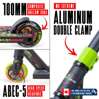 MG2 Obsidian Pro Scooter - Venom, featuring a sturdy aluminum deck, one-piece steel handlebar, and 100mm wheels, ideal for skatepark stunts.